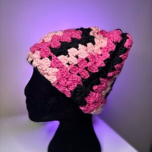 Pink and Black Crochet Beanie